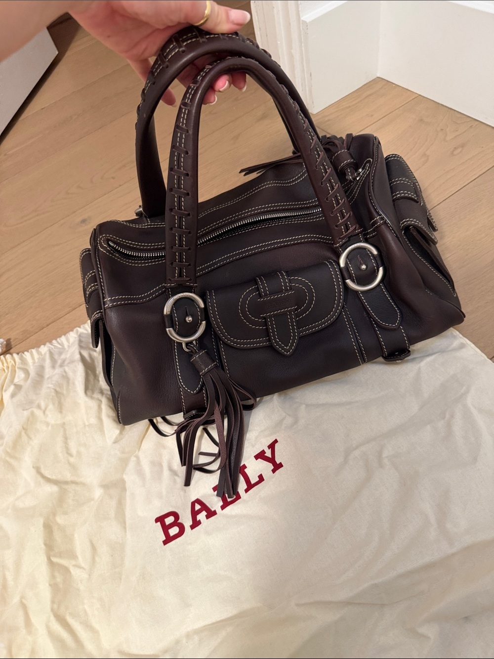 Bally Dark Brown Leather Shoulder Bag with Tassel